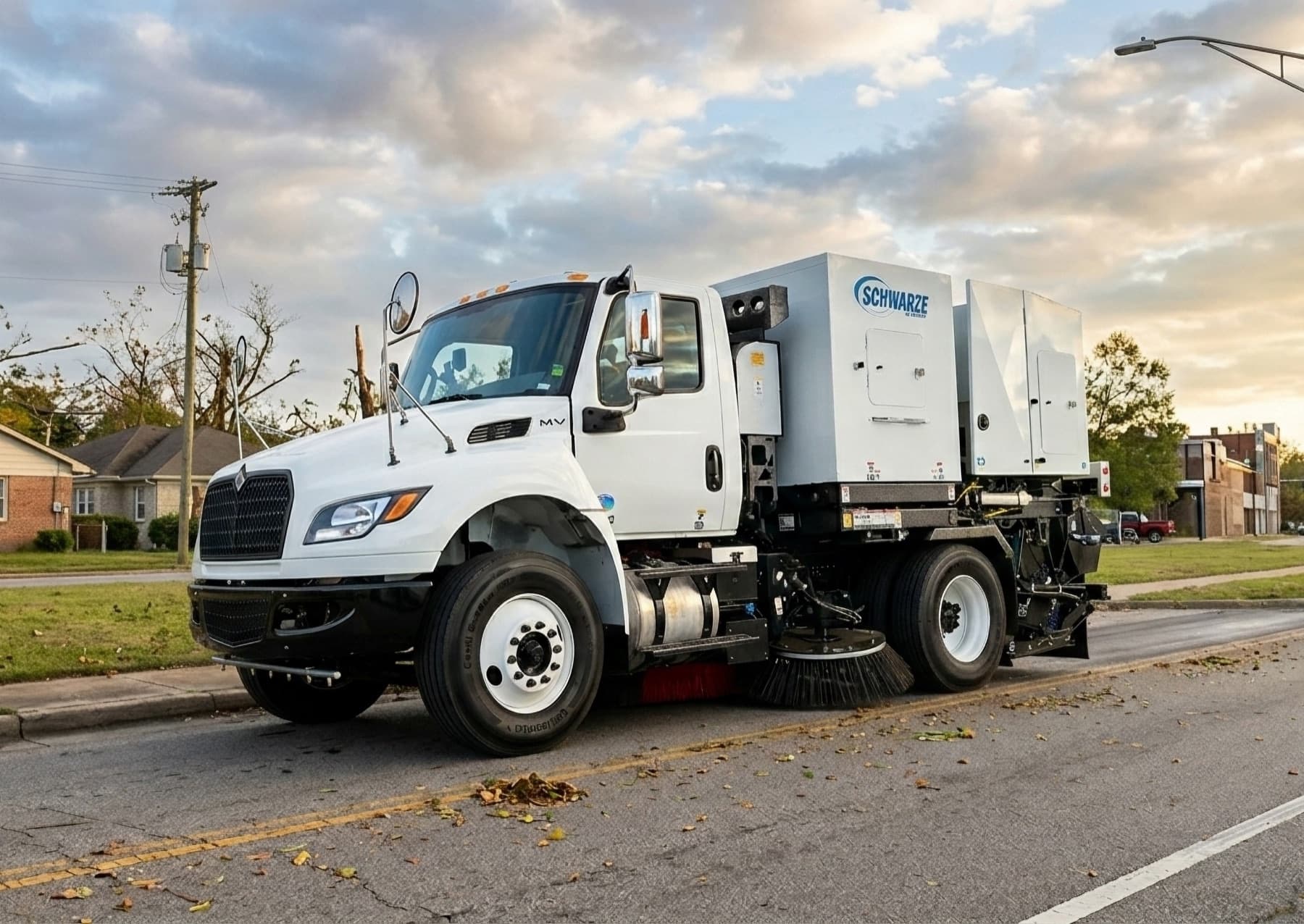 A Schwarze street sweeper on a residential street