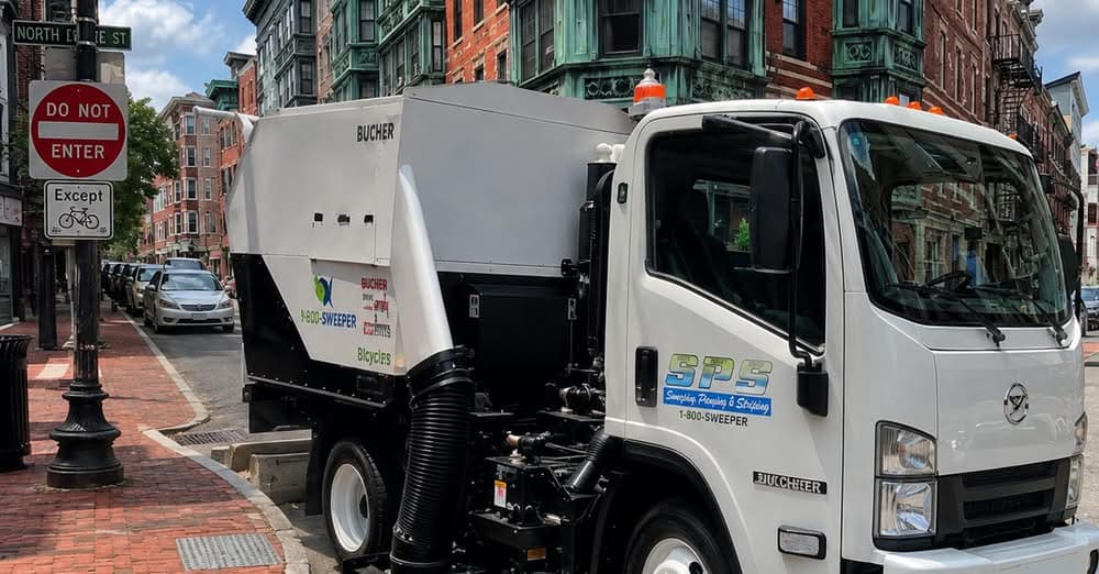 A Smith Property Services sweeper truck on a city street