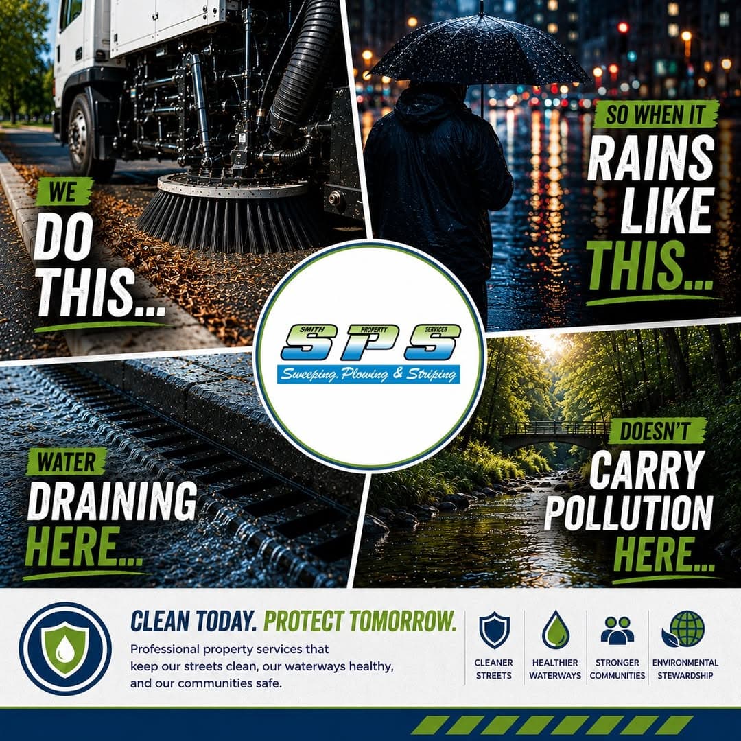 Smith Property Services "Clean today. Protect tomorrow." graphic linking street sweeping to cleaner waterways