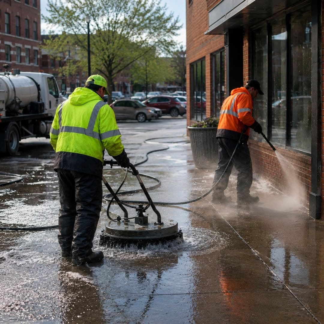 Crews pressure washing a city sidewalk
